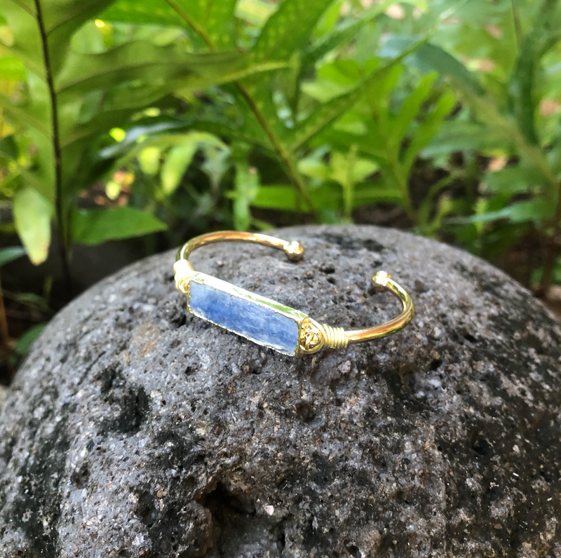 Kyanite Gemstone Gold Bar Bangle Cuff Bracelet